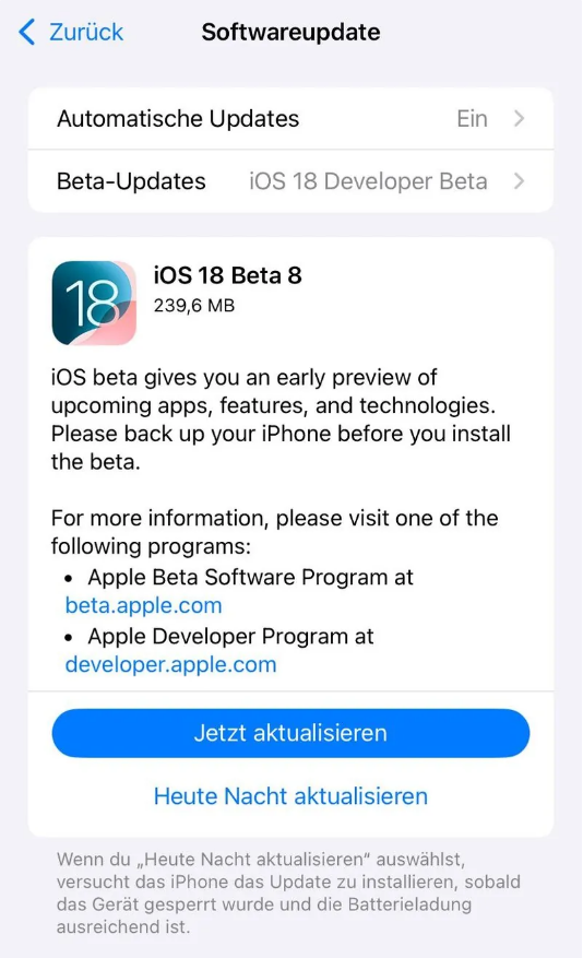 平川苹果手机维修分享苹果 iOS / iPadOS 18 开发者预览版 Beta 8 发布 